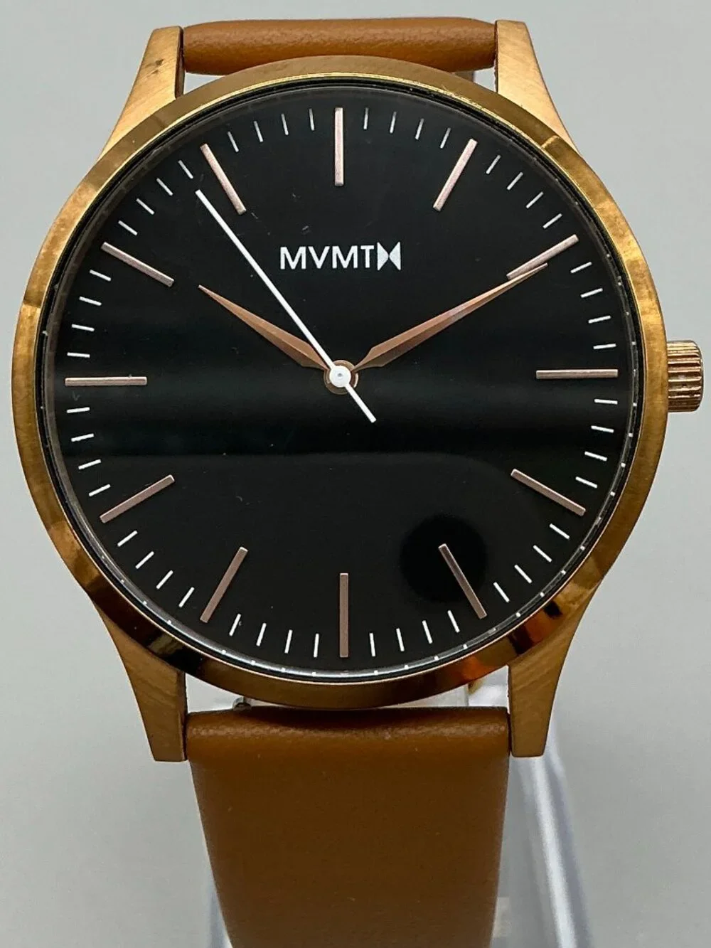 MVMT 40 Series Mens Watch 40mm Black Dial Rose Gold Tone Leather New Battery
